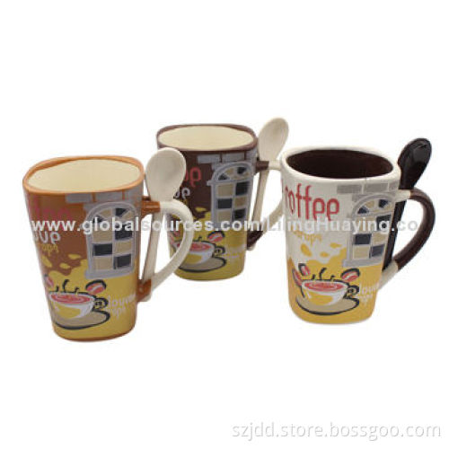 Hot sale square ceramic coffee mug and spoon sets, available in various sizes/designs/colors